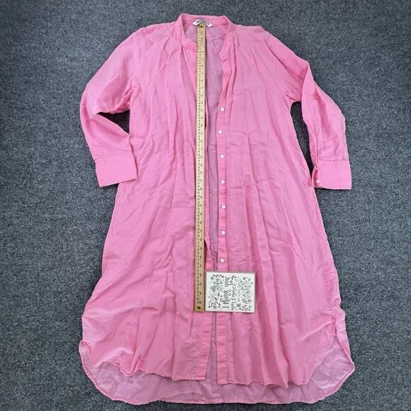 ZARA M Pink‎ Linen Cotton Button Front Shirt Dress Tunic Long Sleeve High Low - Picture 4 of 7